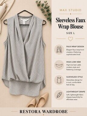 Max Studio Faux Wrap Sleeveless Blouse Size L Black Ivory Career Top